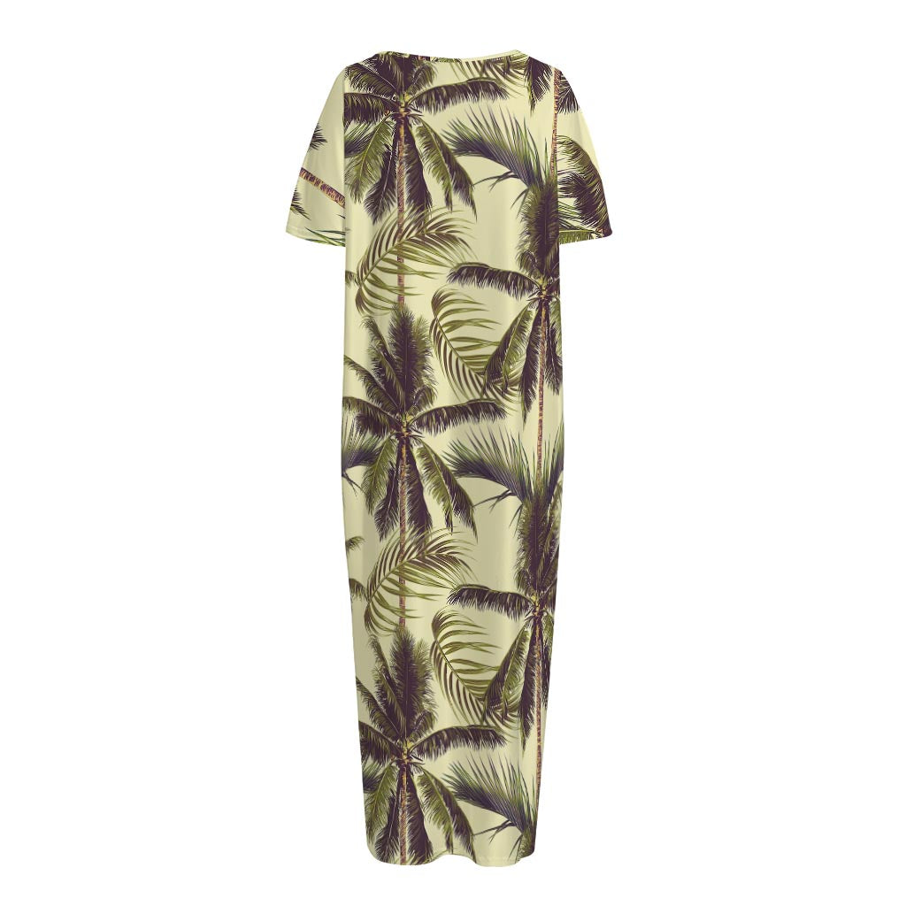 Vintage Palm Tree Pattern Print Short Sleeve Long Nightdress