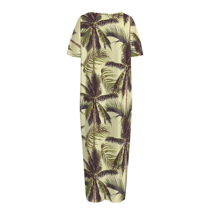 Vintage Palm Tree Pattern Print Short Sleeve Long Nightdress