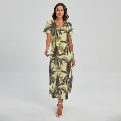 Vintage Palm Tree Pattern Print Short Sleeve Maxi Dress