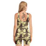 Vintage Palm Tree Pattern Print Sleeveless One Piece Swimsuit