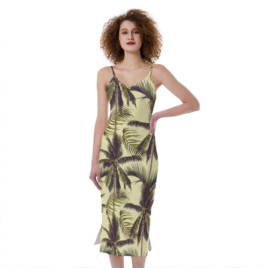 Vintage Palm Tree Pattern Print Slim Fit Midi Cami Dress