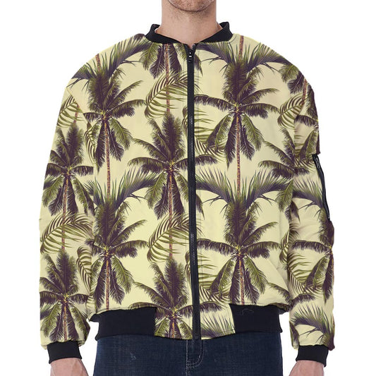 Vintage Palm Tree Pattern Print Zip Sleeve Bomber Jacket