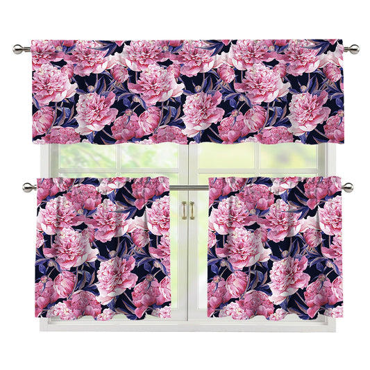 Vintage Pink Peony Floral Print 3 Piece Kitchen Curtains