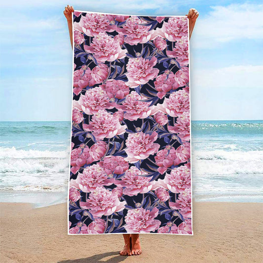 Vintage Pink Peony Floral Print Beach Towel