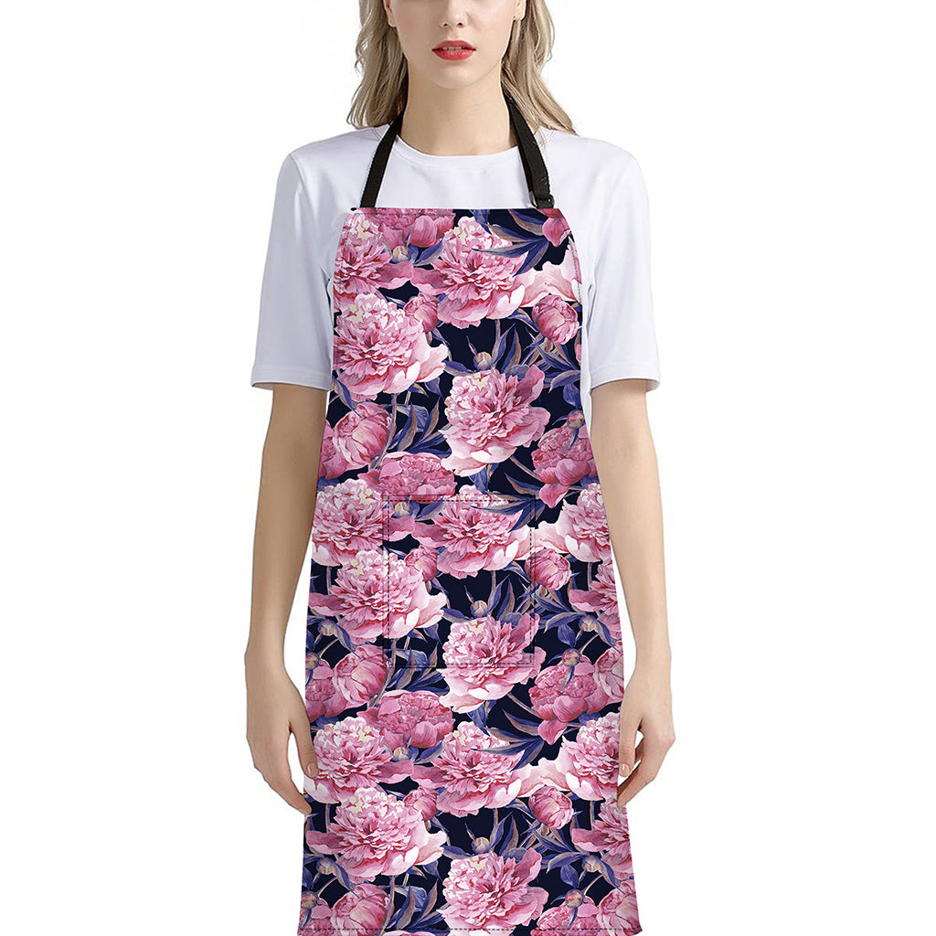 Vintage Pink Peony Floral Print Bib Apron With Pocket