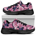 Vintage Pink Peony Floral Print Black Chunky Shoes