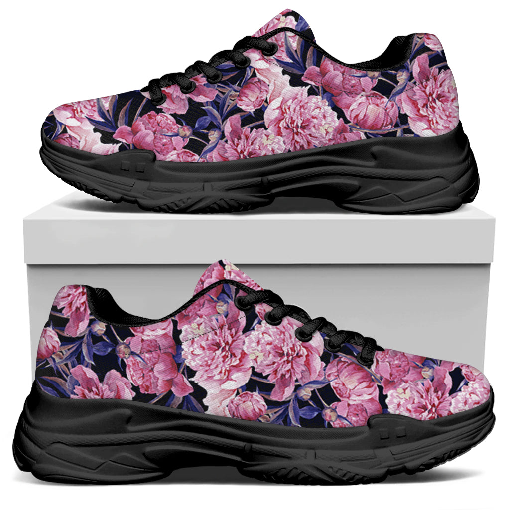 Vintage Pink Peony Floral Print Black Chunky Shoes