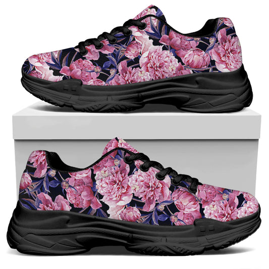 Vintage Pink Peony Floral Print Black Chunky Shoes