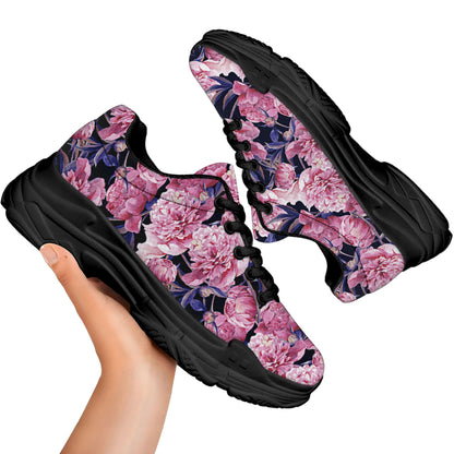 Vintage Pink Peony Floral Print Black Chunky Shoes