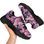 Vintage Pink Peony Floral Print Black Chunky Shoes