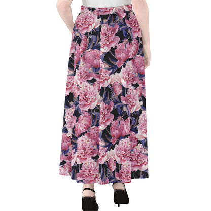 Vintage Pink Peony Floral Print Chiffon Maxi Skirt