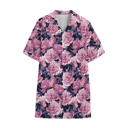 Vintage Pink Peony Floral Print Cotton Hawaiian Shirt