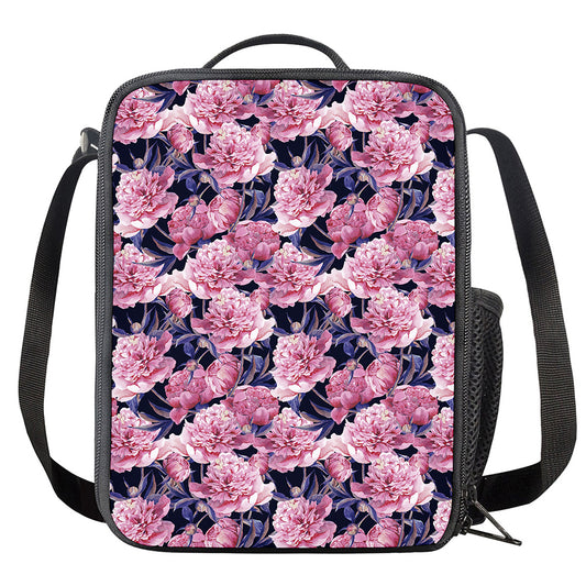 Vintage Pink Peony Floral Print Crossbody Lunch Bag