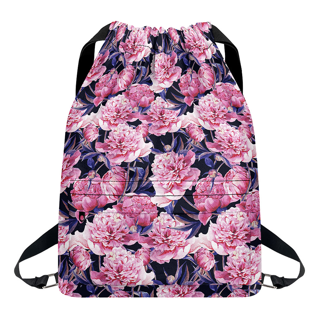 Vintage Pink Peony Floral Print Drawstring Backpack
