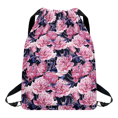 Vintage Pink Peony Floral Print Drawstring Backpack