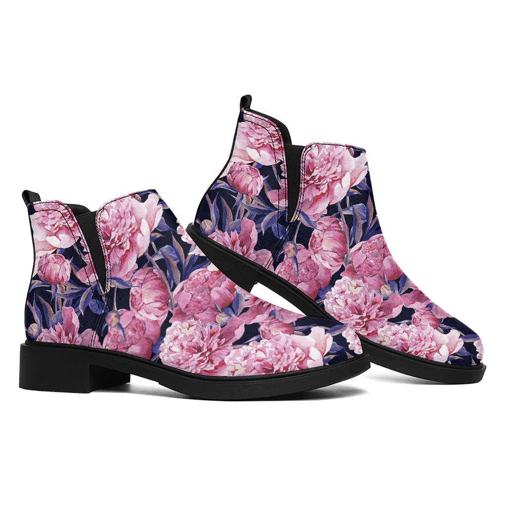 Vintage Pink Peony Floral Print Flat Ankle Boots