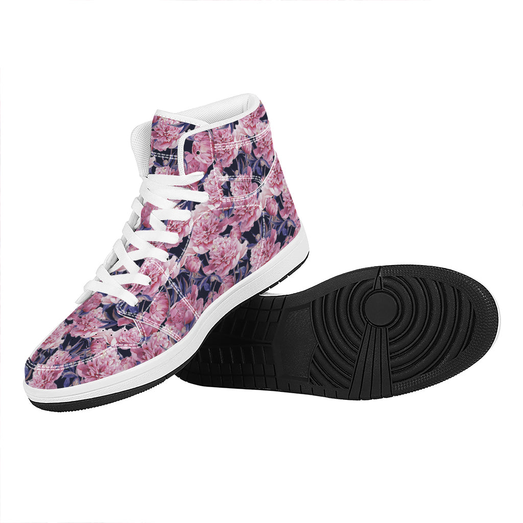 Vintage Pink Peony Floral Print High Top Leather Sneakers