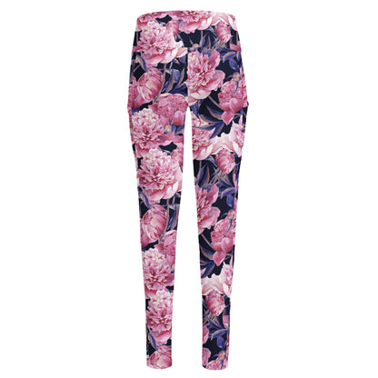 Vintage Pink Peony Floral Print High-Waisted Pocket Leggings