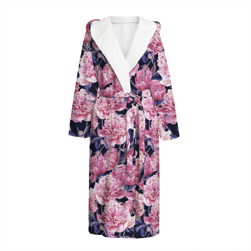 Vintage Pink Peony Floral Print Hooded Bathrobe