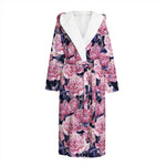 Vintage Pink Peony Floral Print Hooded Bathrobe