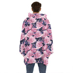Vintage Pink Peony Floral Print Hoodie Blanket