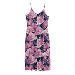 Vintage Pink Peony Floral Print Jersey Midi Cami Dress