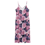 Vintage Pink Peony Floral Print Jersey Midi Cami Dress