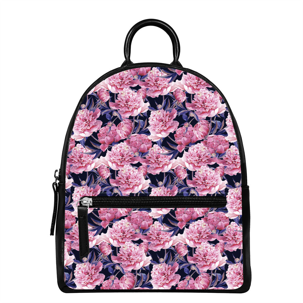 Vintage Pink Peony Floral Print Leather Backpack