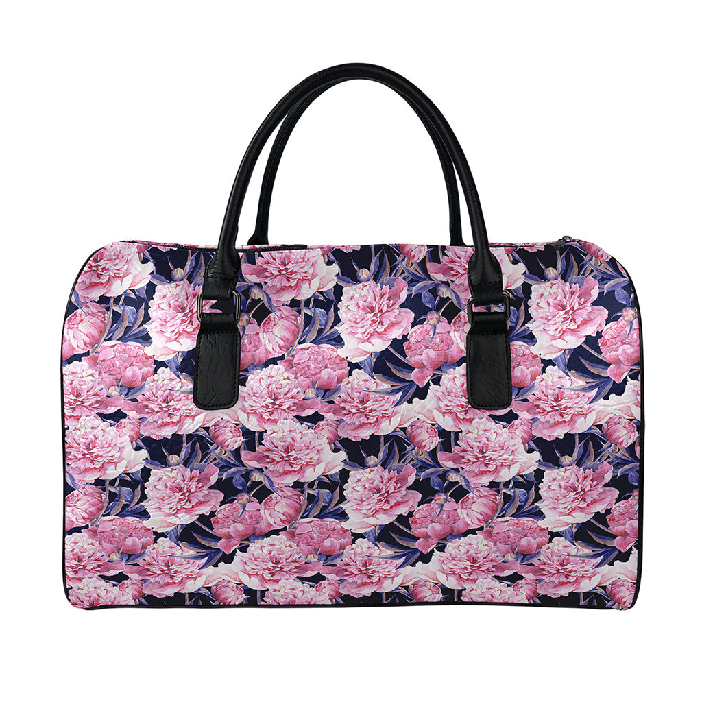 Vintage Pink Peony Floral Print Leather Duffle Bag