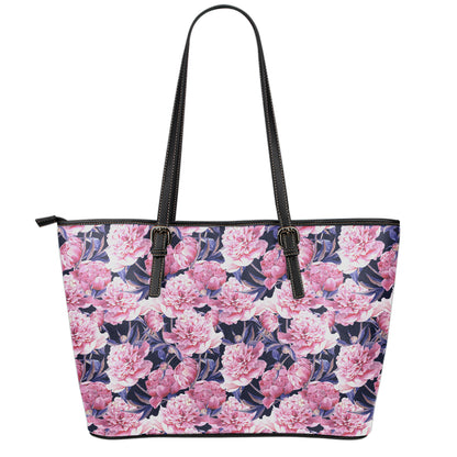 Vintage Pink Peony Floral Print Leather Tote Bag