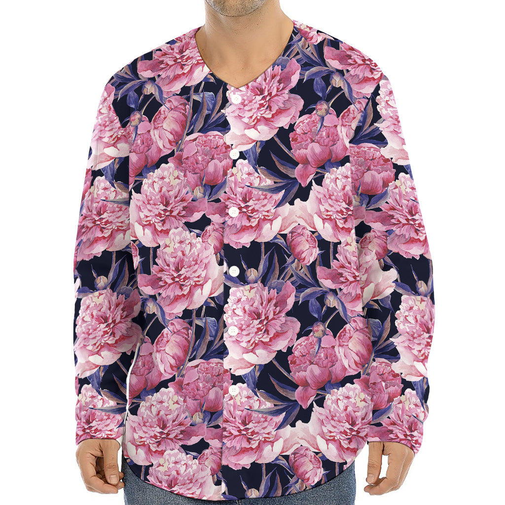 Vintage Pink Peony Floral Print Long Sleeve Baseball Jersey