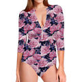 Vintage Pink Peony Floral Print Long Sleeve Swimsuit