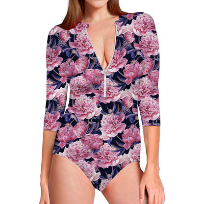 Vintage Pink Peony Floral Print Long Sleeve Swimsuit
