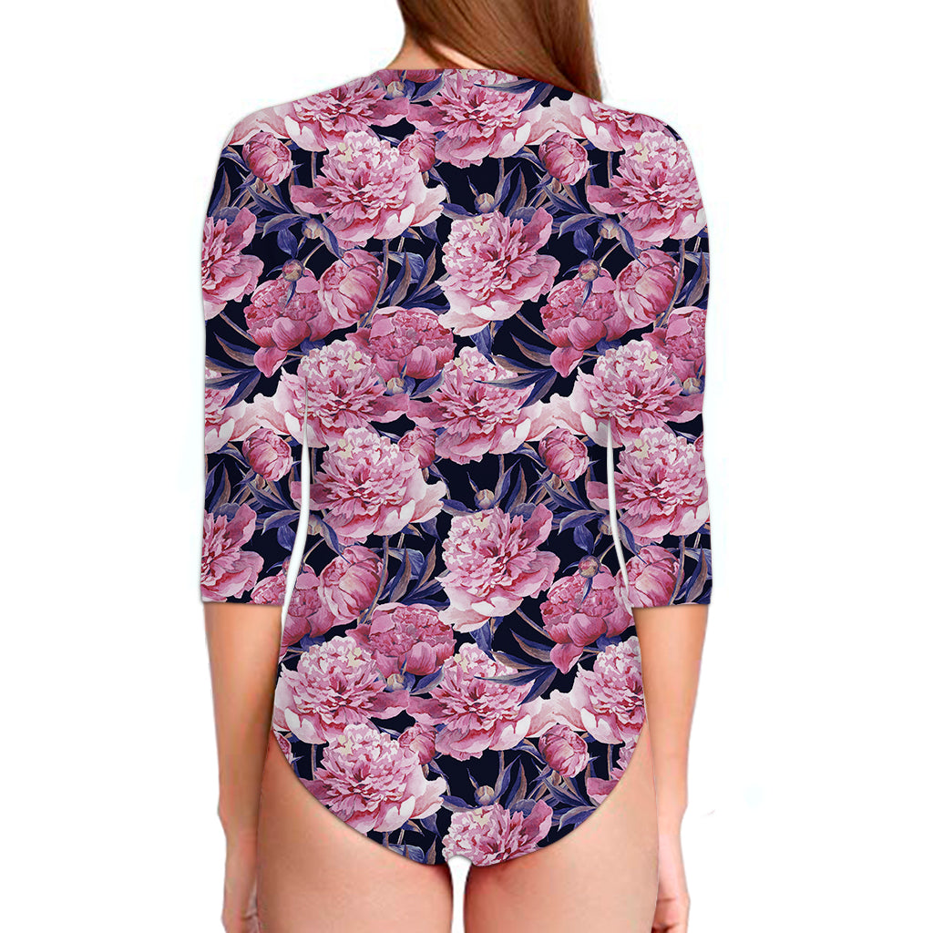 Vintage Pink Peony Floral Print Long Sleeve Swimsuit