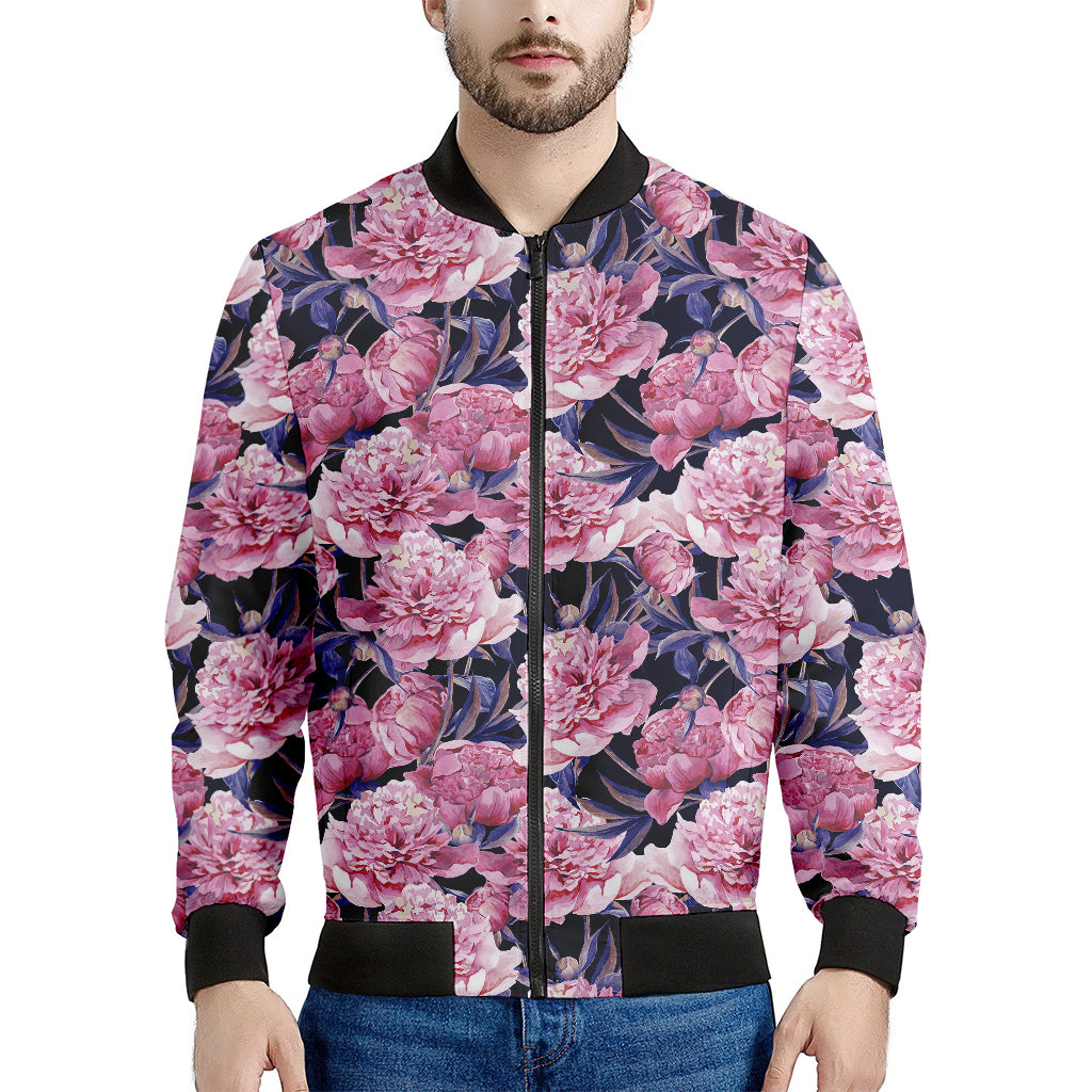 Vintage Pink Peony Floral Print Men's Bomber Jacket