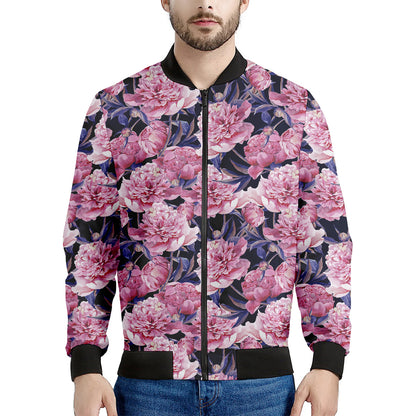 Vintage Pink Peony Floral Print Men's Bomber Jacket