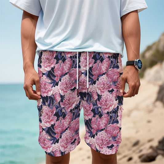 Vintage Pink Peony Floral Print Men's Cargo Shorts