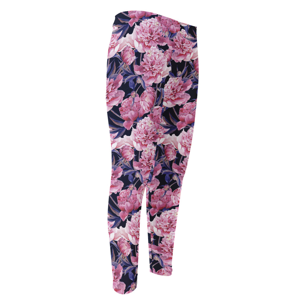 Vintage Pink Peony Floral Print Men's Compression Pants