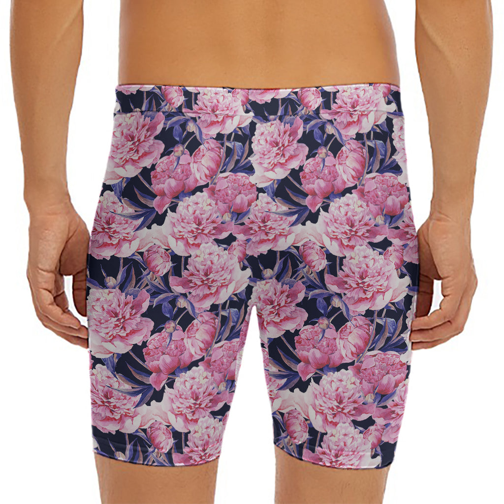 Vintage Pink Peony Floral Print Men's Long Boxer Briefs