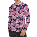 Vintage Pink Peony Floral Print Men's Long Sleeve Rash Guard