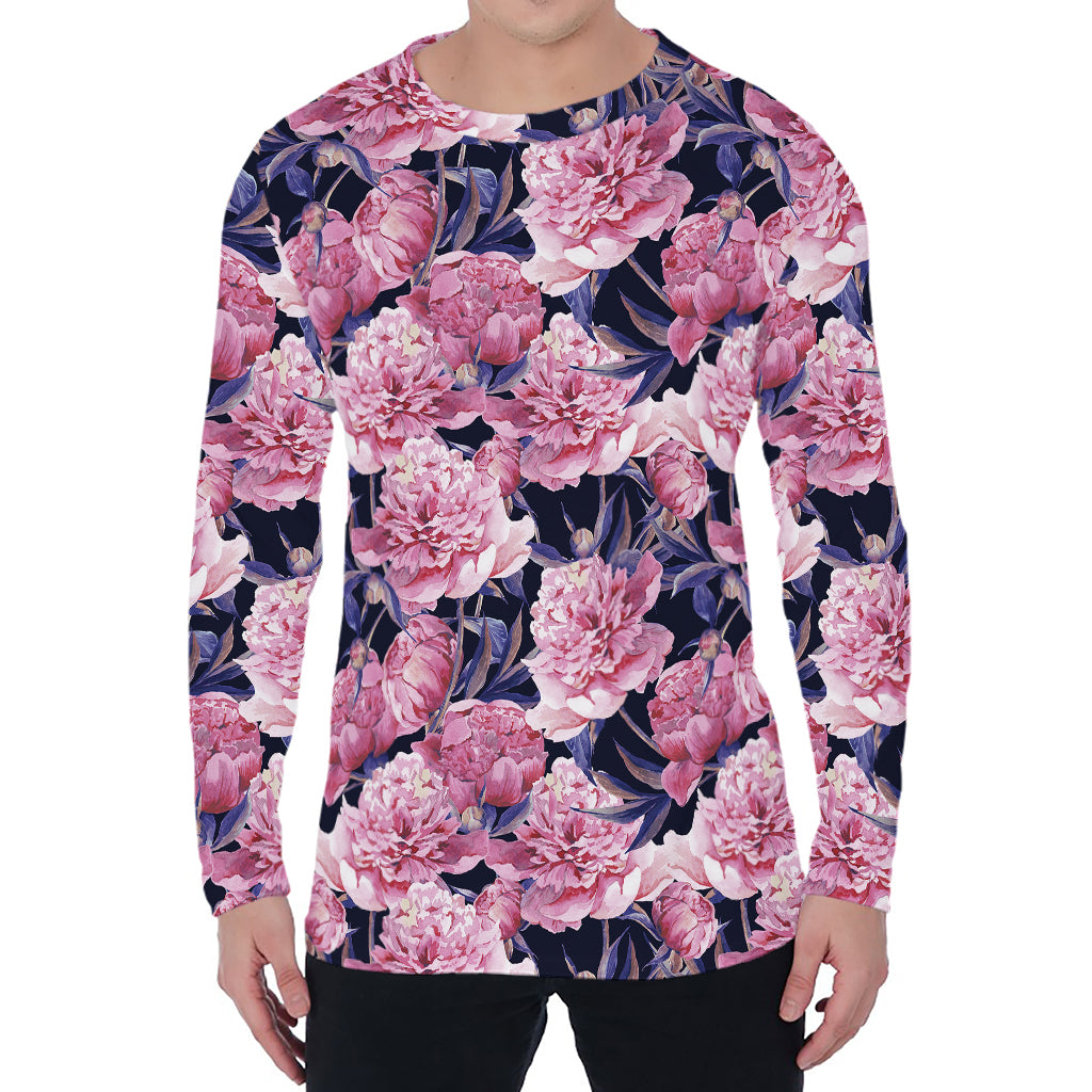 Vintage Pink Peony Floral Print Men's Long Sleeve T-Shirt