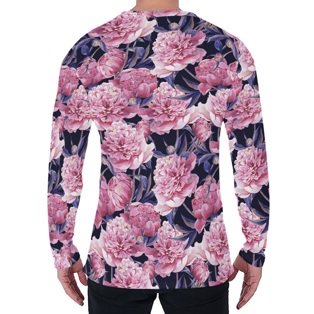 Vintage Pink Peony Floral Print Men's Long Sleeve T-Shirt