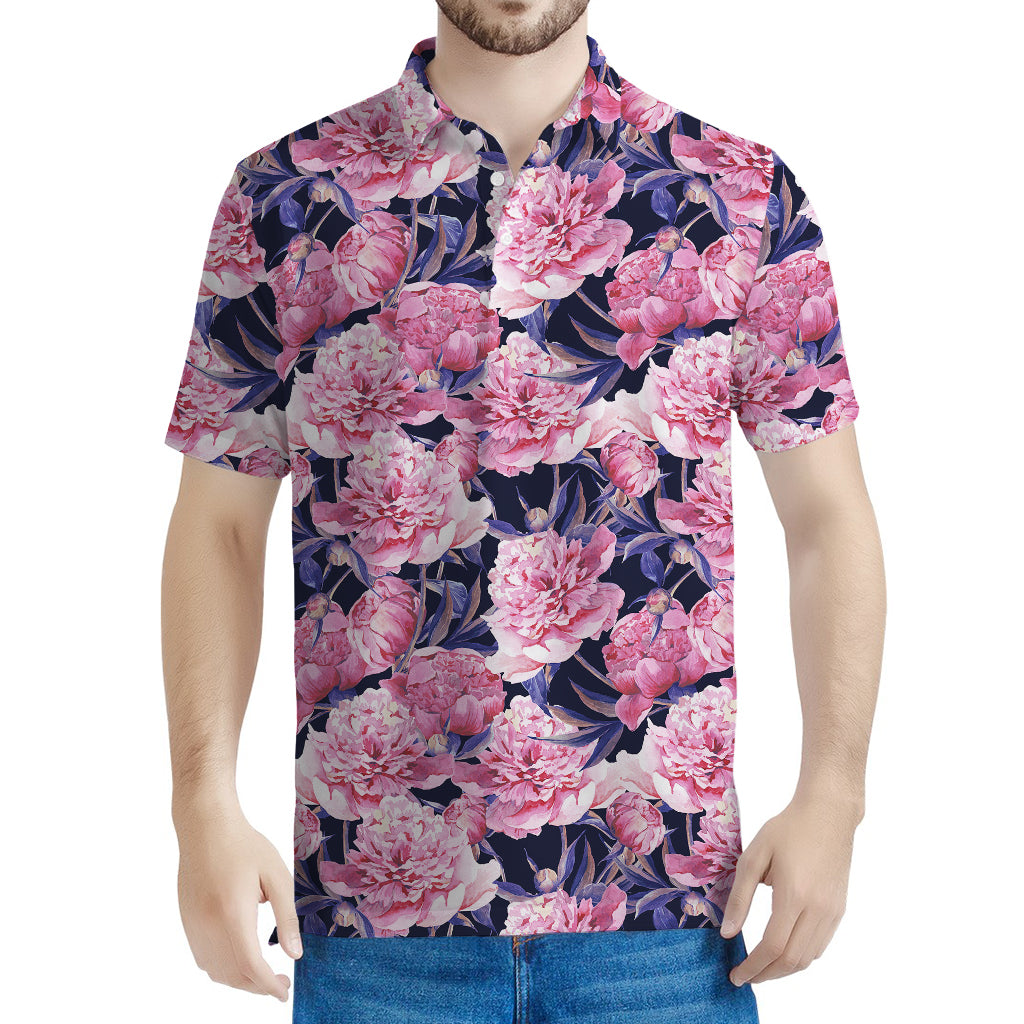 Vintage Pink Peony Floral Print Men's Polo Shirt