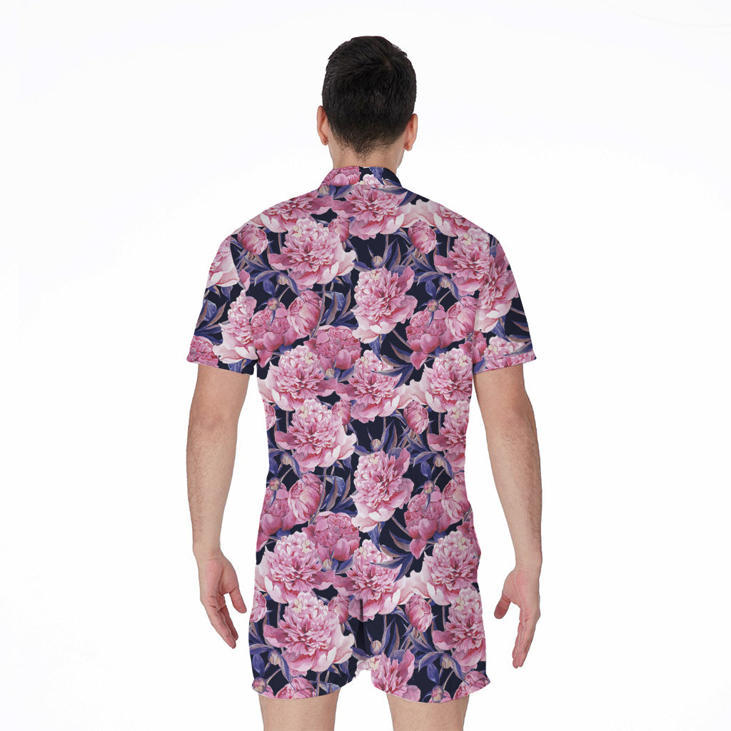 Vintage Pink Peony Floral Print Men's Rompers