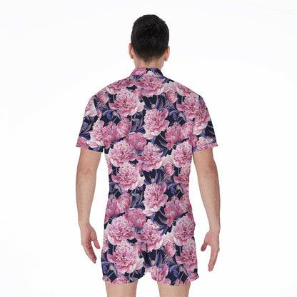 Vintage Pink Peony Floral Print Men's Rompers