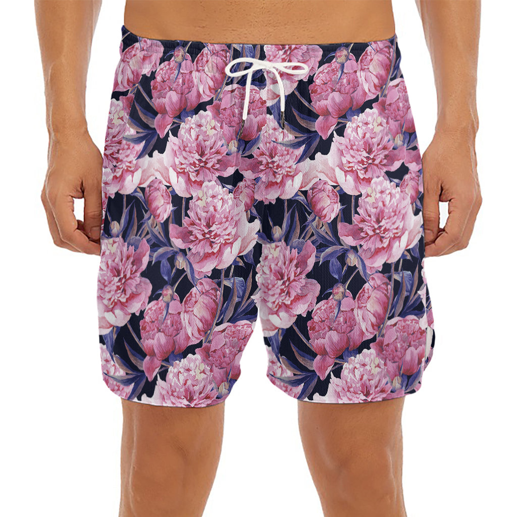 Vintage Pink Peony Floral Print Men's Split Running Shorts
