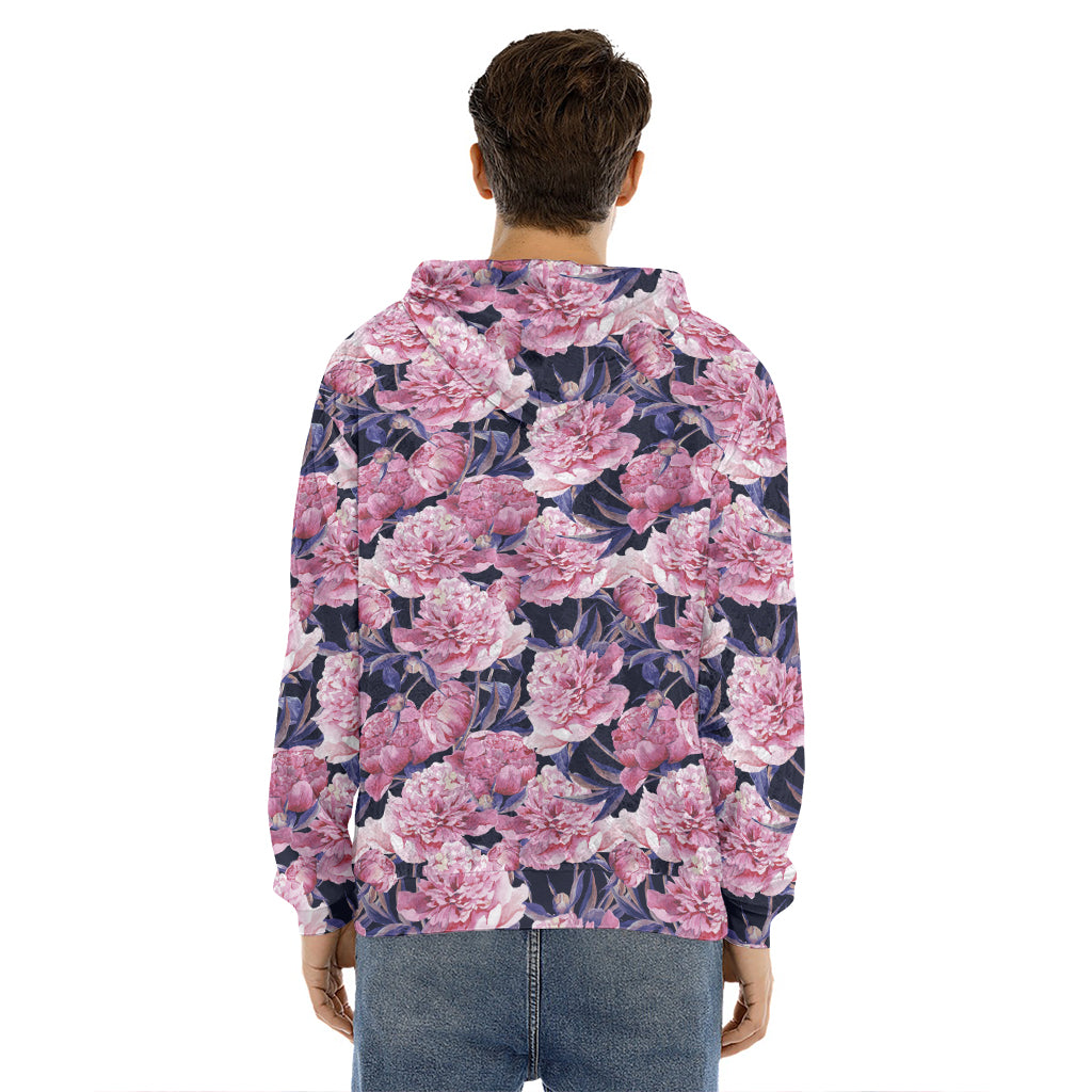Vintage Pink Peony Floral Print Men's Velvet Pullover Hoodie
