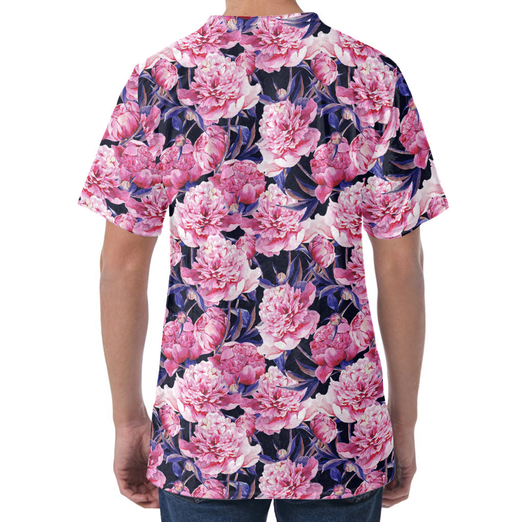 Vintage Pink Peony Floral Print Men's Velvet T-Shirt