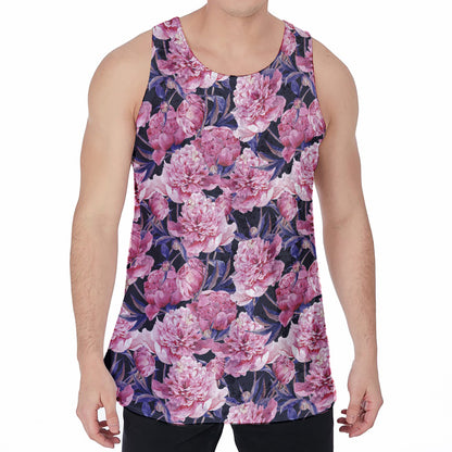 Vintage Pink Peony Floral Print Men's Velvet Tank Top