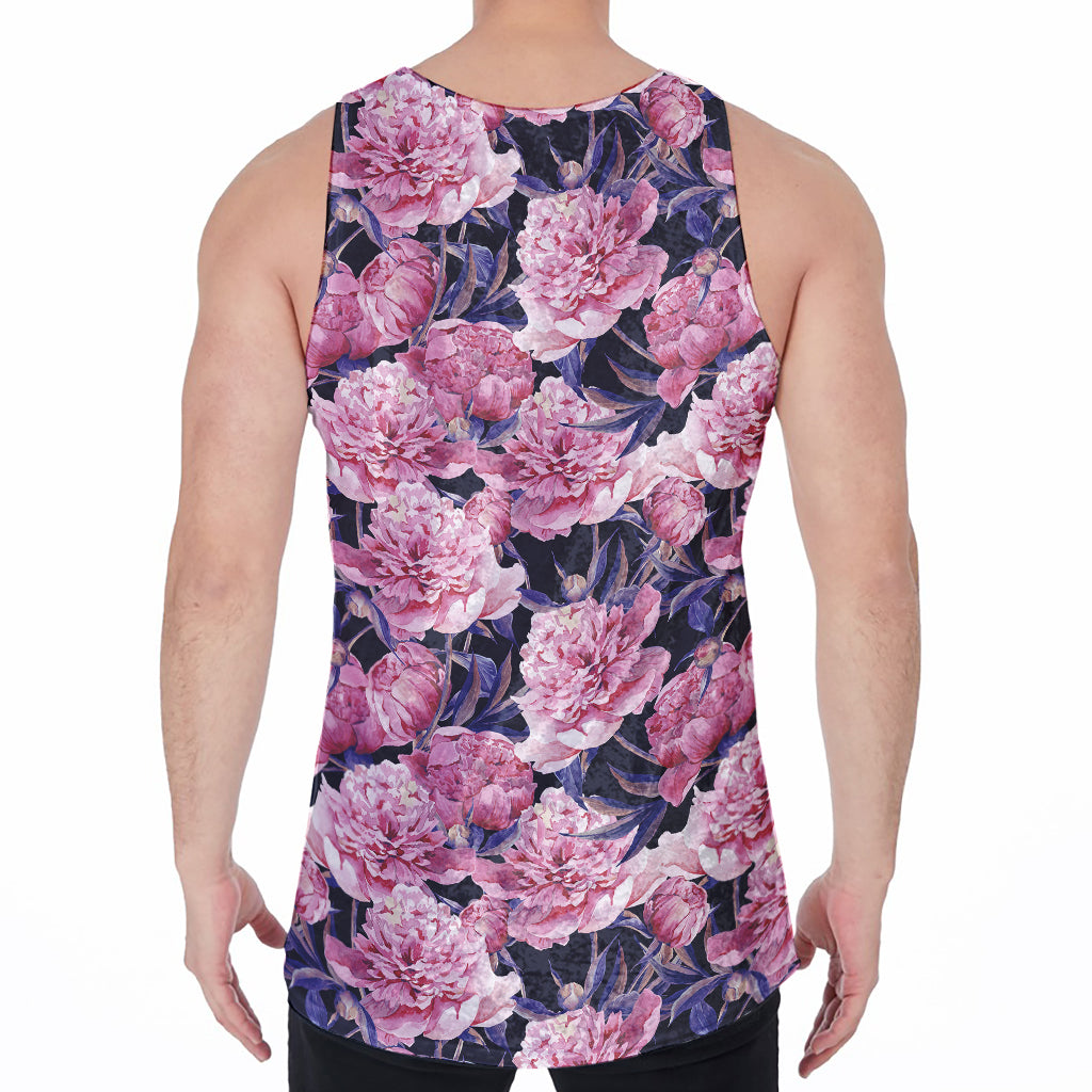 Vintage Pink Peony Floral Print Men's Velvet Tank Top